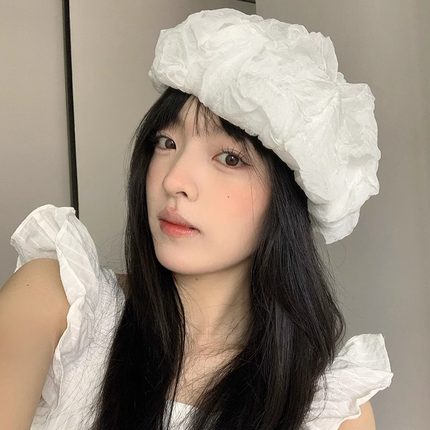 韩系小众设计白色泡泡纱贝雷帽女春夏夸张大版显脸小氛围感画家帽