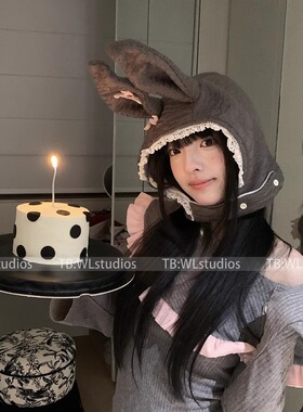 甜美兔~可爱兔子耳朵造型毛绒套头帽子女秋冬季护耳雷锋帽显脸小