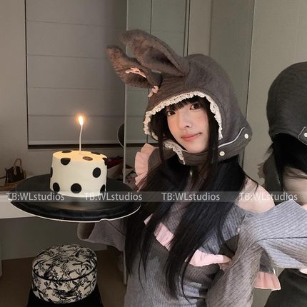 甜美兔~可爱兔子耳朵造型毛绒套头帽子女秋冬季护耳雷锋帽显脸小