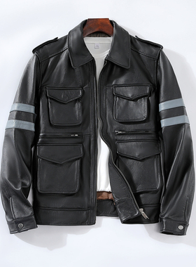 捡漏  秋季生化危机  真皮皮衣男  头层牛皮多口袋修身机车服外套