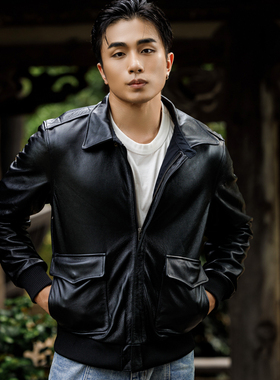 黑色休闲翻领多口袋牛皮真皮皮衣男A2飞行员空军皮夹克大码外套