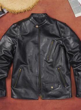 毒液机车款皮衣男士立领修身摩托服真皮骑行外套硬质无涂牛皮夹克