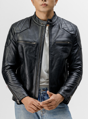 皮衣男小贝同款头层牛皮机车立领经典同款修身短款复古皮夹克