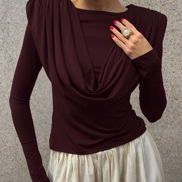 女士T恤纯色修身长袖上衣设计感
