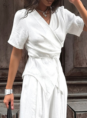 Women Suits欧美女士套装V领短袖系带休闲上衣宽松长裤阔腿裤