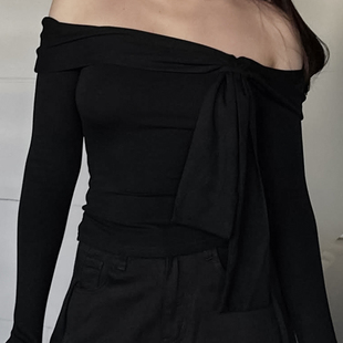 系带时尚 修身 Tops欧美女士上衣一字领长袖 Fashion