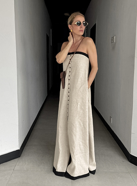 Holiday Dress棉麻撞色抹胸长裙宽松遮肉显瘦卡其色拖地连衣裙