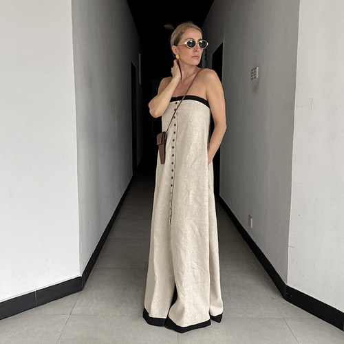 棉麻撞色抹胸长裙宽松遮肉显瘦