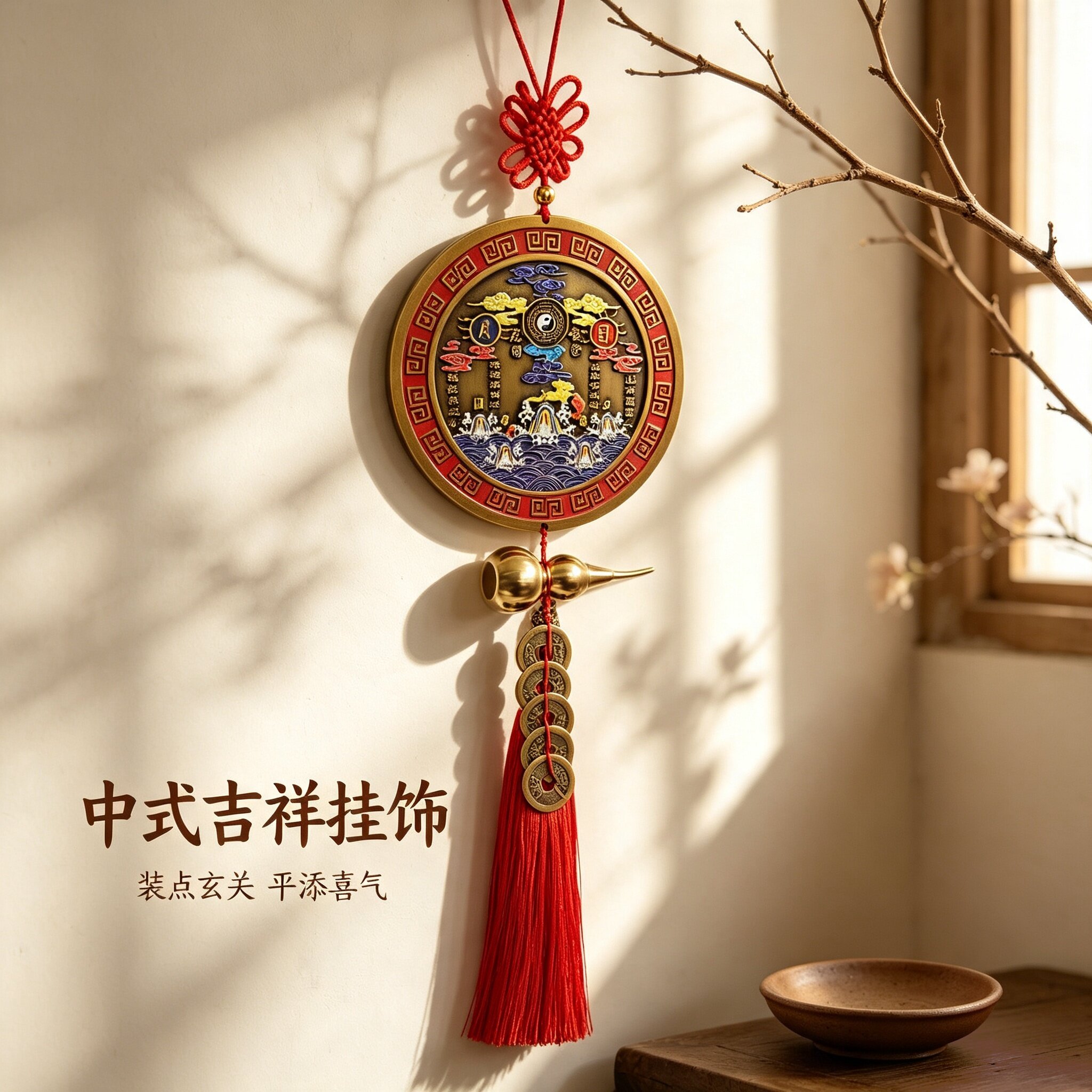 彩绘山海镇铜葫芦五帝钱流苏挂件