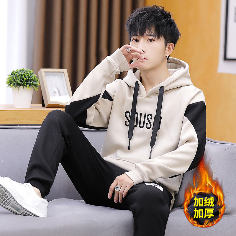 秋冬季青少年连帽加绒卫衣男高中初中学生套装潮流帅气秋装上衣服
