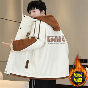 秋冬款加绒外套男孩初中高中学生加厚棉服青少年帅气大童冬装夹克