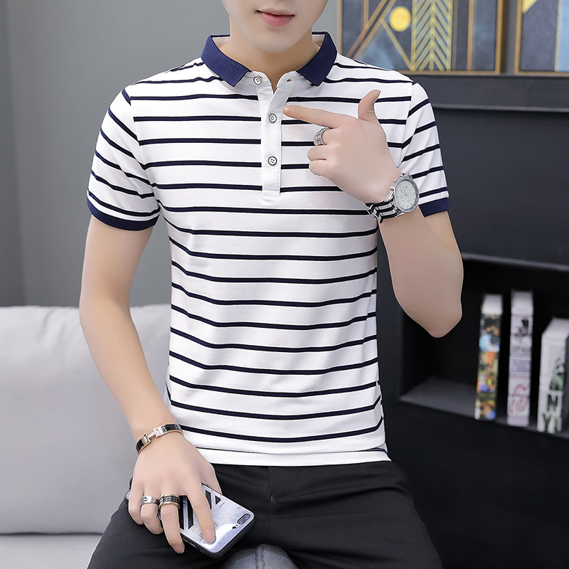 有带领短袖t恤男夏季条纹潮流polo衫翻领冰丝体恤纯棉夏装上衣服