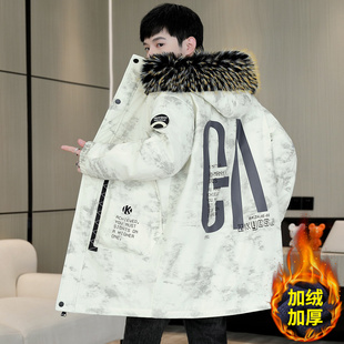秋冬款外套男孩初中高中学生加绒加厚派克棉服夹克青少年大童冬装