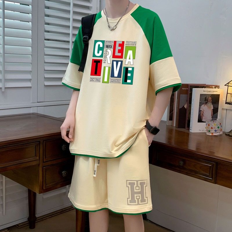 2023夏季新款青少年短袖t恤男初中高中学生休闲套装帅气大童男装