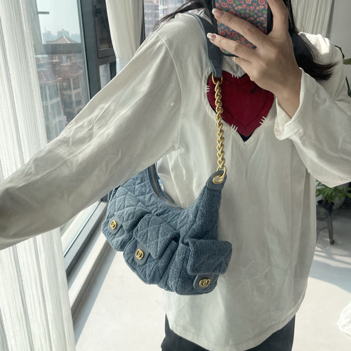 小香风2025春夏新款菱格链条女包水洗牛仔布腋下包单肩包机车包