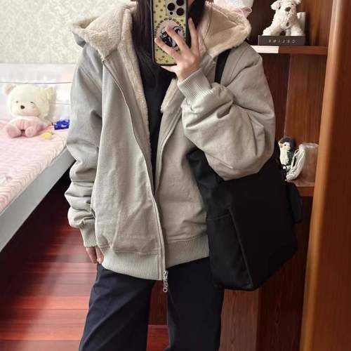 羊羔毛绒棉衣加厚外套女冬季2025新款美式复古宽松连帽工装棉服潮