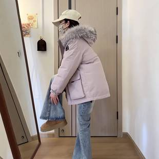 宽松棉袄大毛领棉衣外套 韩版 今年流行冰晶紫工装 派克棉服女士新款