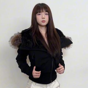 显瘦拉炼棉服开衫 黑色连帽毛领斜襟毛绒内胆短版 卫衣外套女秋冬季