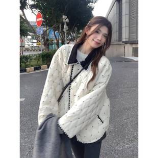 韩系休闲菱格撞色波点棉衣棉服女冬季 学院风高级感百搭小个子外套