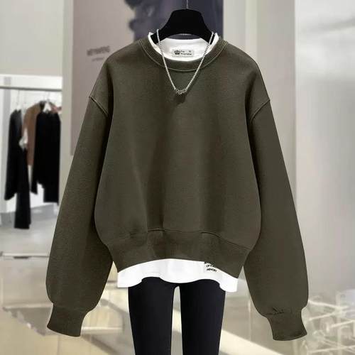 短款高腰假两件圆领厚棉T女秋冬季欧货大版高腰潮牌加绒打底衫上