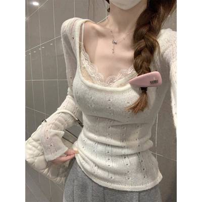 秋冬韩系设计感方领打底衫女内搭镂空针织衫修身叠穿长袖打底上衣