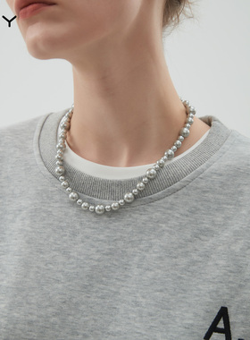 施家真多麻灰色珍珠项链女轻奢小众秋冬毛衣链配饰高级感锁骨颈链