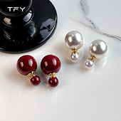 施家双面大小珍珠耳钉女2026新款 小众设计高级感耳环新年红色耳饰