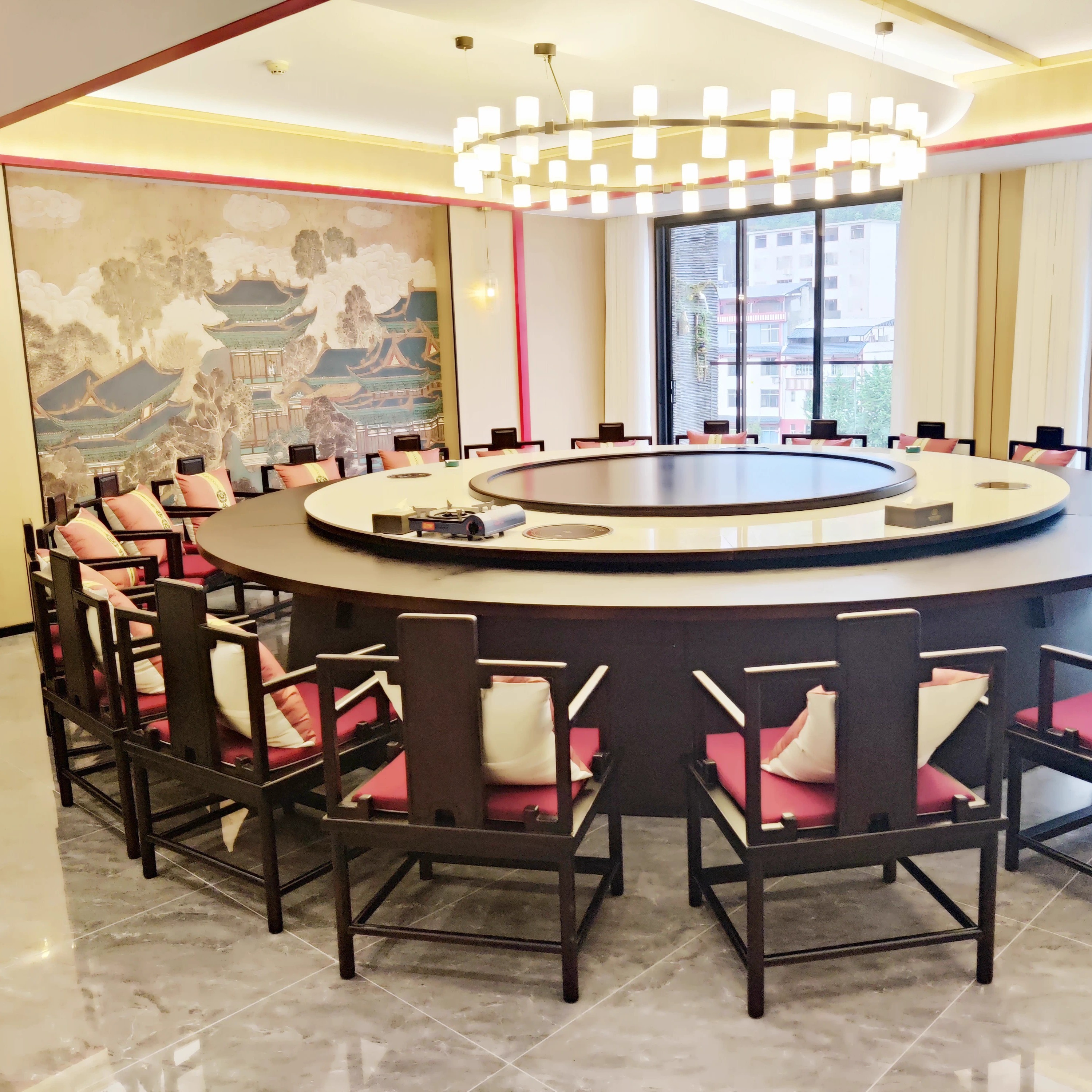 酒店大圆桌实木餐桌火锅桌电动带岩板转盘饭店会所餐厅包厢椅20人