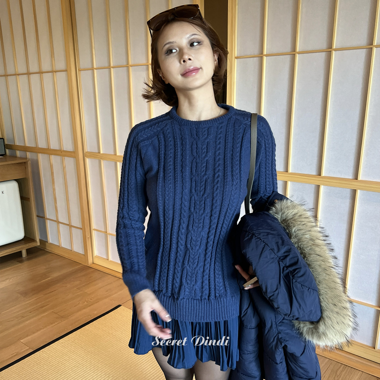 SECRET DINDI明媚心情靛蓝色针织拼接连衣裙圆领休闲风百褶裙子女