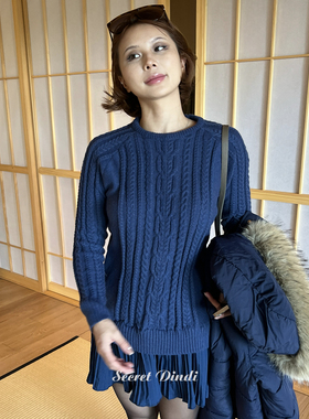 SECRET DINDI明媚心情靛蓝色针织拼接连衣裙圆领休闲风百褶裙子女