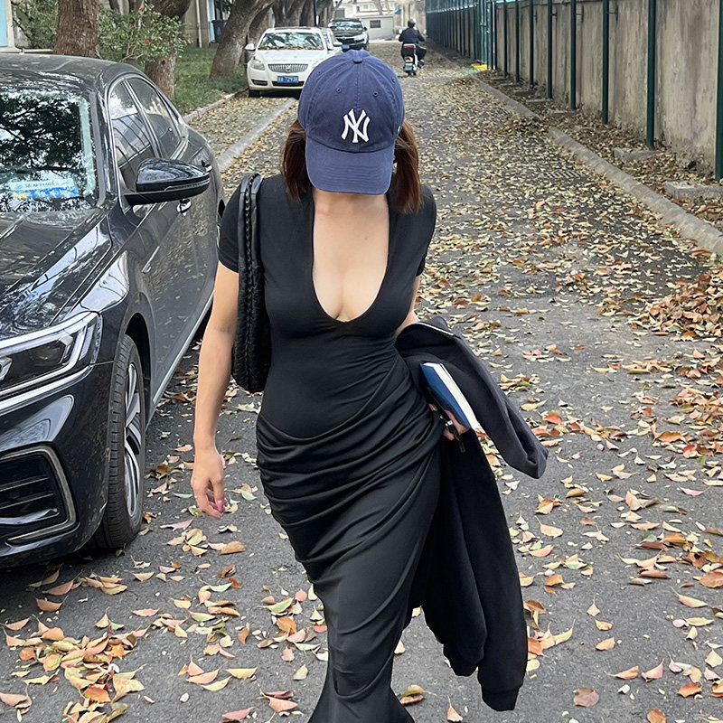 DINDI春夏性感大姐姐辣妹御姐感拼接褶皱显瘦深v性感短袖窈窕长裙