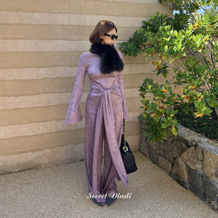 SECRET 休闲风纯色百搭两件套 DINDI金属蔷薇丝绒垂感粉紫银丝套装