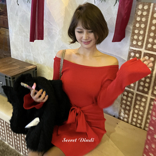 SECRET 显身材裙子女 DINDI节日快乐嫩红色一字肩蝴蝶结连衣裙修身