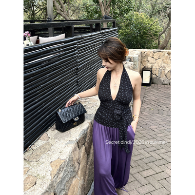 SECRET DINDI 蓝色婆婆纳 深v肌理不暴露碎花挂脖绑带上衣设计感