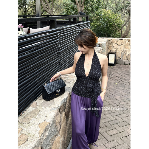 SECRET DINDI 蓝色婆婆纳 深v肌理不暴露碎花挂脖绑带上衣设计感