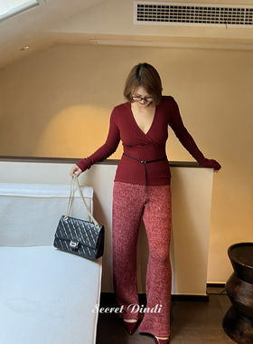 SECRET DINDI臻麻羊绒圣诞限定v领红色掐腰修身百搭显身材打底衫