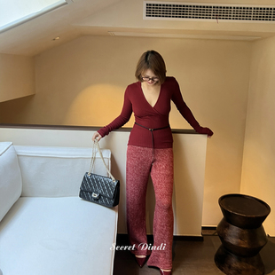 SECRET DINDI臻麻羊绒圣诞限定v领红色掐腰修身百搭显身材打底衫