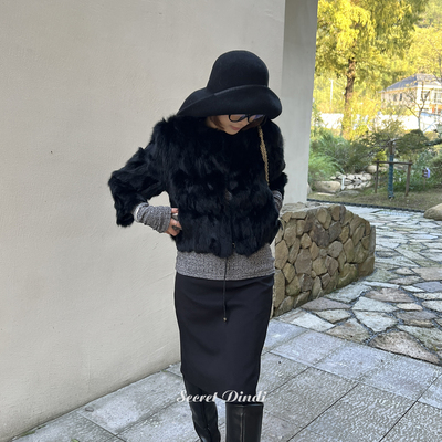SECRET DINDI千金感7分袖黑色兔毛皮草短款百搭通勤保暖上衣外套
