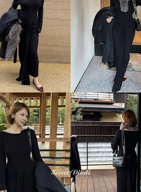 SECRET DINDI黑巴克一字肩绑带多穿连衣裙休闲风百搭通勤修身裙子