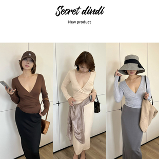 上衣女 气质百搭V领通勤秋长袖 SECRET DINDI秋日柔软交错绑带修身