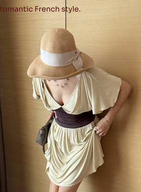 SECRET DINDI 南法乡村 特殊假两件连衣裙女夏季v领收腰显瘦短裙