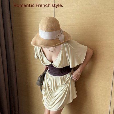 SECRET DINDI 南法乡村 特殊假两件连衣裙女夏季v领收腰显瘦短裙