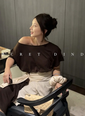 SECRET DINDI 周末休闲 花骨朵剪裁一字肩咖啡色连衣裙女宽松裙子
