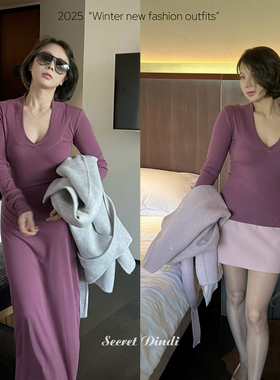 SECRET DINDI腌渍玫瑰月牙领连衣裙休闲风百搭通勤长袖修身上衣女