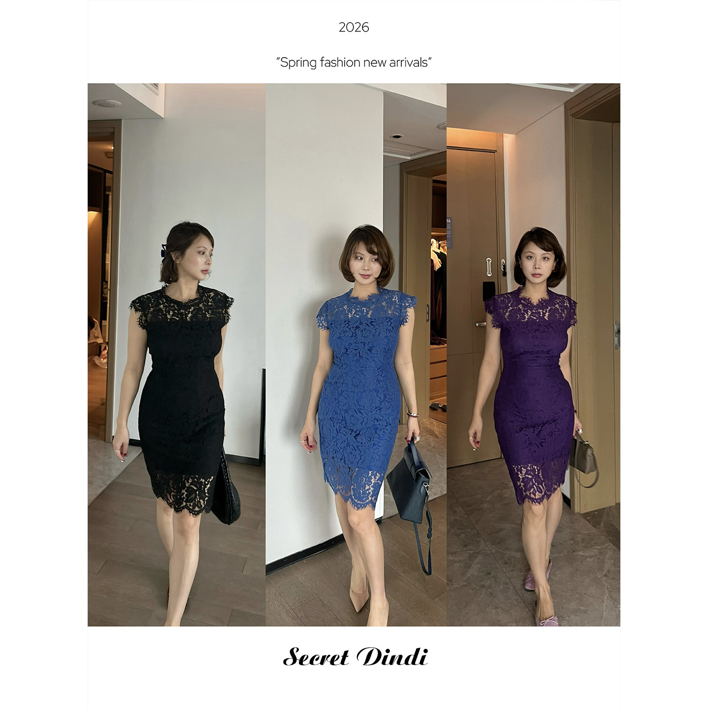 SECRET DINDI繁花蕾丝重工连衣裙圆领收腰修身包臀百搭通勤裙子女