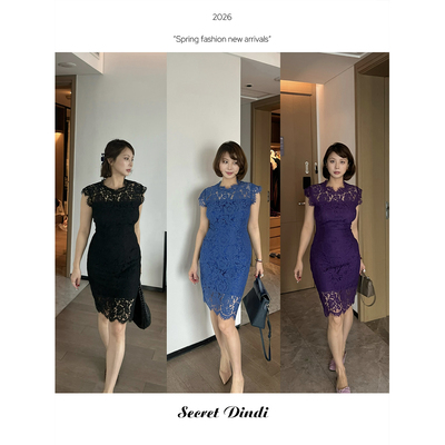 SECRET DINDI繁花蕾丝重工连衣裙圆领收腰修身包臀百搭通勤裙子女