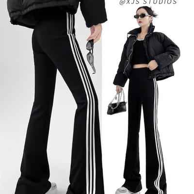 黑色三条杠喇叭裤女春夏季2025新款休闲高腰显瘦微喇裤运动马蹄裤