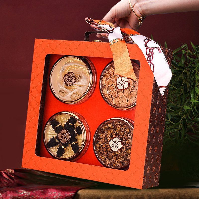 手提丝带皮盒四拼通用礼盒元贝红参片鹿茸西洋参海味干货包装盒空