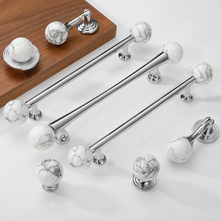 法式银色柜门把手黄铜拉手中古风衣柜鞋柜抽屉黄铜白松石长拉手