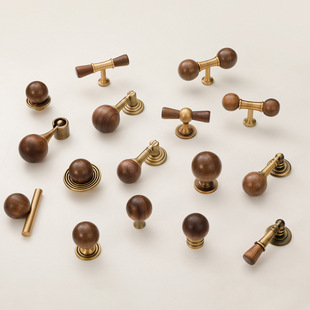 胡桃木黄铜衣柜橱柜门把手圆球型木头单孔中古风电视茶几抽屉拉手